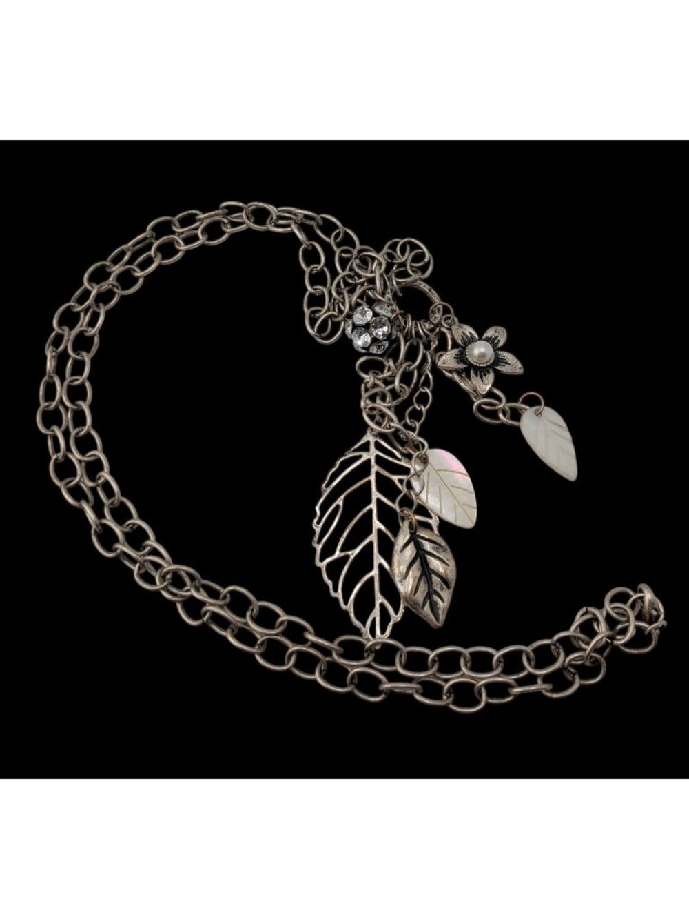 Y2K Cluster Charm Necklace Flower Leaf Shell Faux Pearl Rhinestone Silver